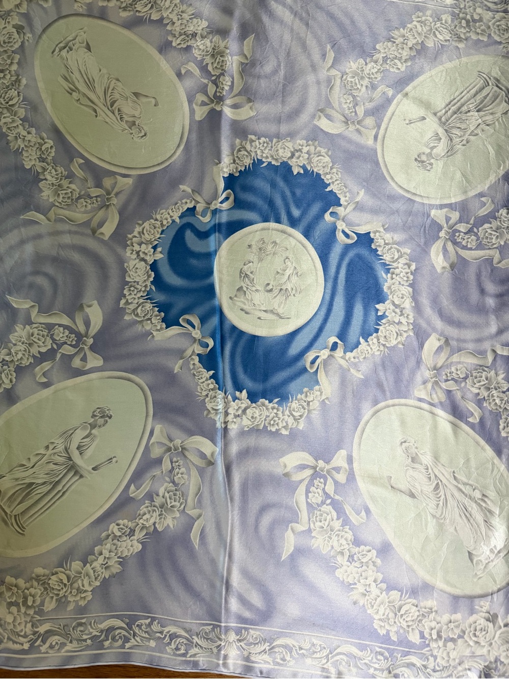 Christian Dior Blue and Lavender Decorative Silk Scarf with Classical Motifs.